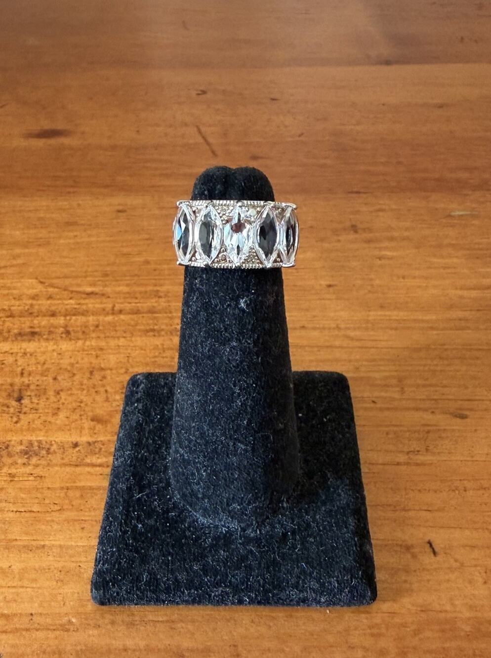 Sterling Silver Wide Band Eternity Ring 925 Oval Stones Sz 6.5 BBJ Bold Elegant